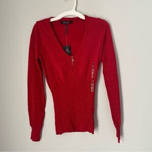 Energie Women’s Deep V Neck Sparkly Red Long Sleeve Sweater size M